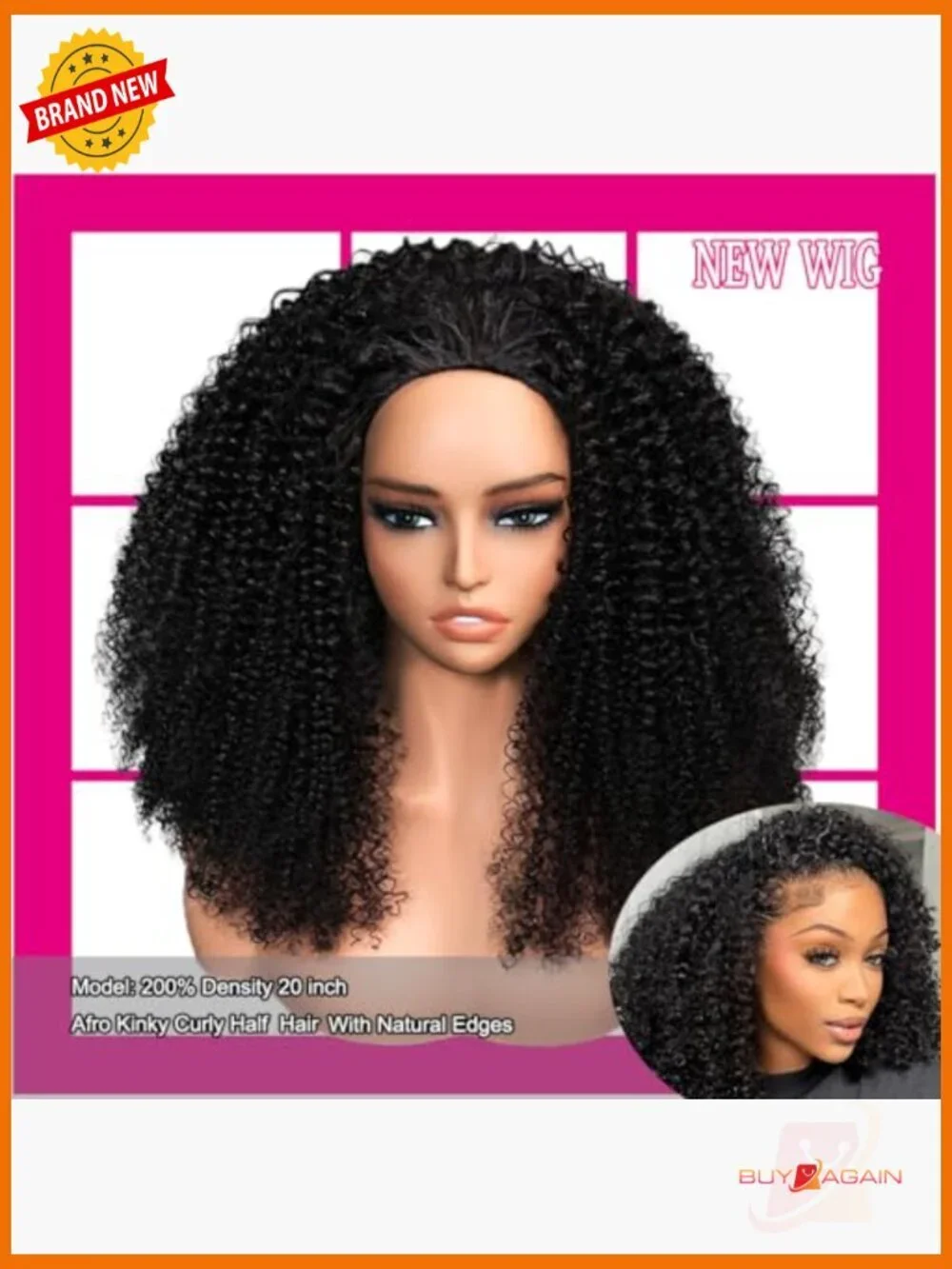 Kinky Curly 200 Density Human Hair Half Wig Drawstring Glueless Beginner